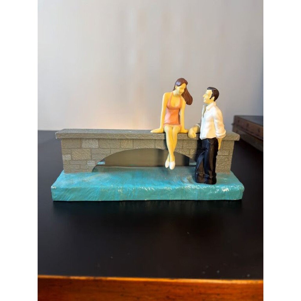 A Couple on the Bridge Figurine Photo Frame Sculpture Seated Pair Painted Resin